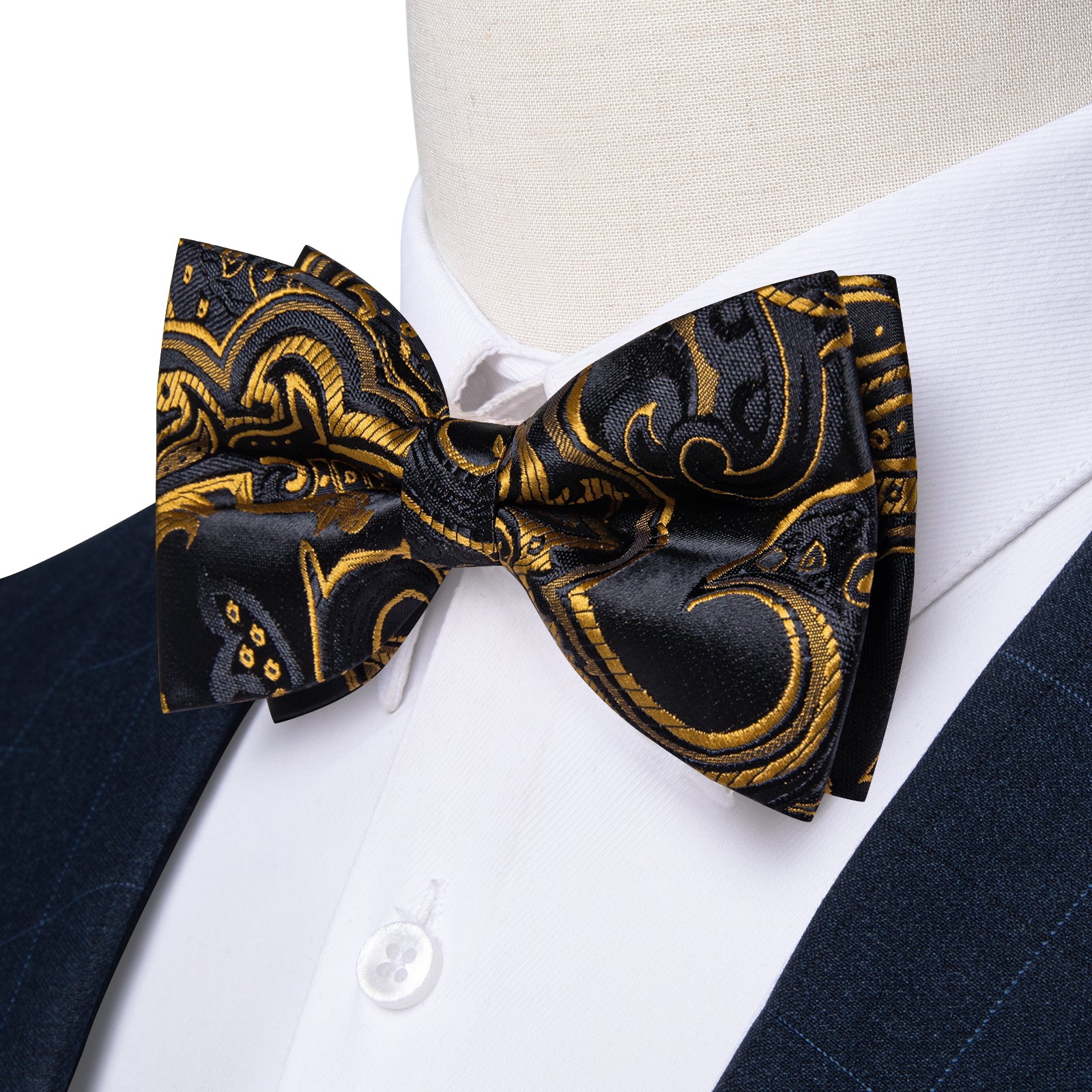 Black Golden Floral Silk Men's Pre-Bowtie Pocket Square Cufflinks Set