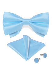Light Blue Solid Silk Men's Pre-Bowtie Pocket Square Cufflinks Set