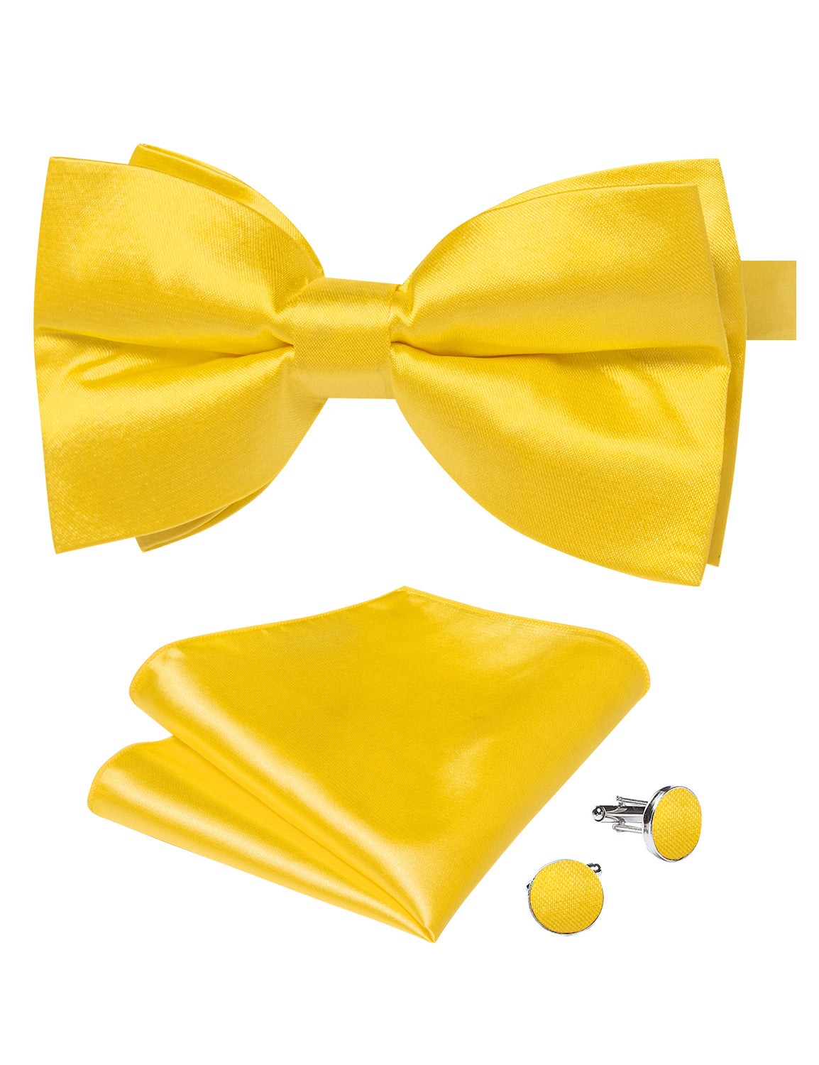 Yellow Solid Silk Men's Pre-Bowtie Pocket Square Cufflinks Set