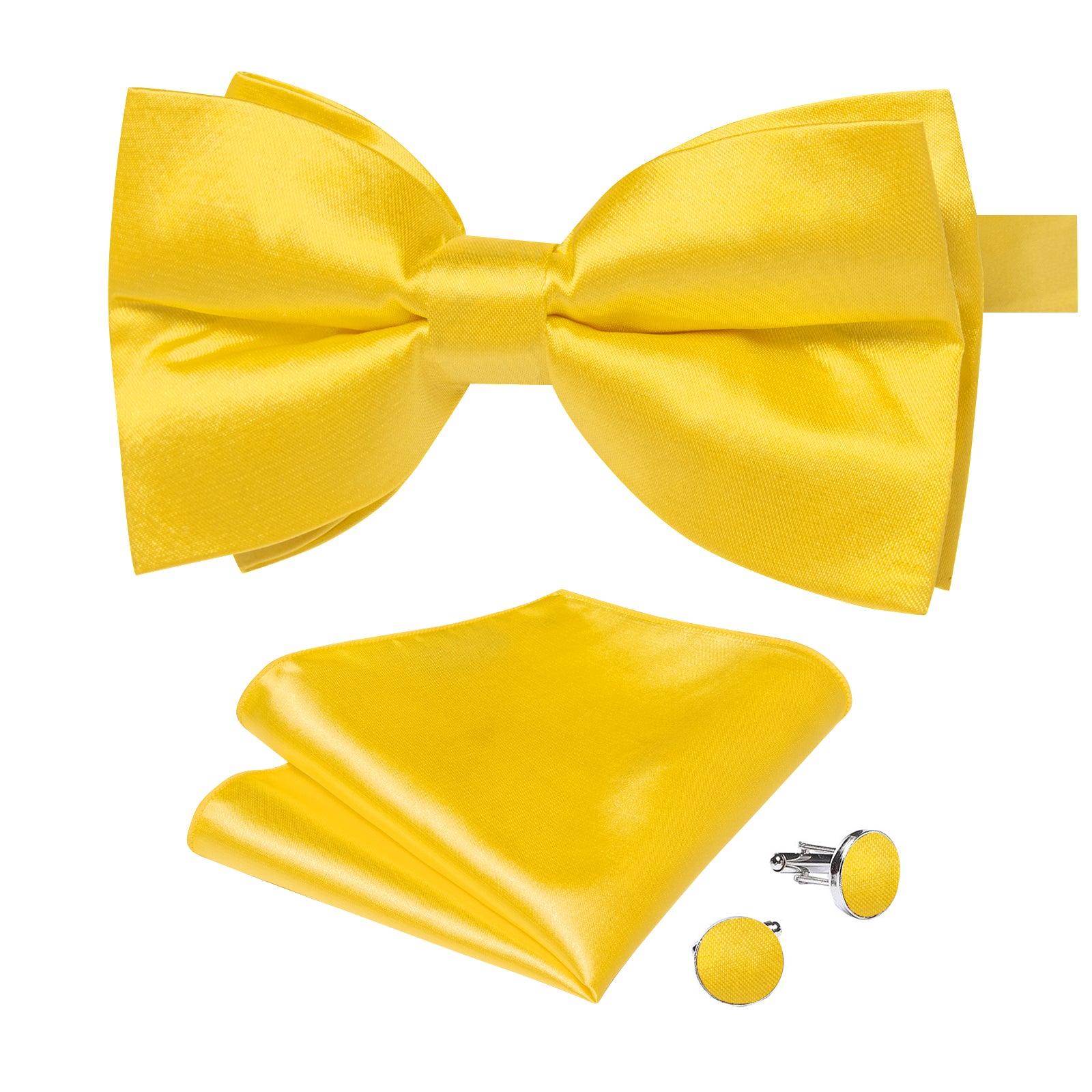 Yellow Solid Silk Men's Pre-Bowtie Pocket Square Cufflinks Set