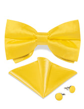 Yellow Solid Silk Men's Pre-Bowtie Pocket Square Cufflinks Set