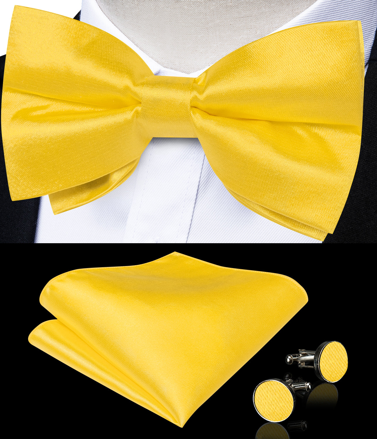 Yellow Solid Silk Men's Pre-Bowtie Pocket Square Cufflinks Set