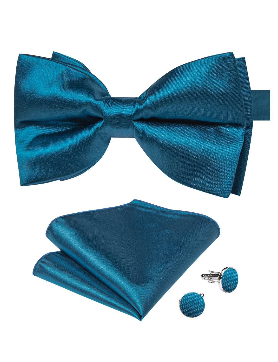 Blue Solid Silk Men's Pre-Bowtie Pocket Square Cufflinks Set