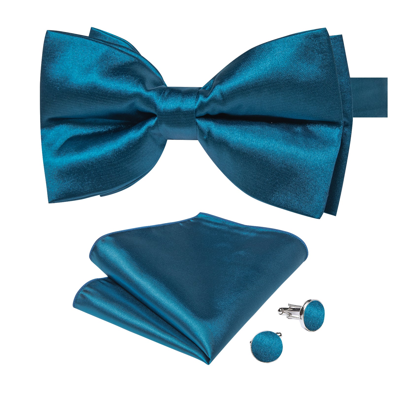 Blue Solid Silk Men's Pre-Bowtie Pocket Square Cufflinks Set