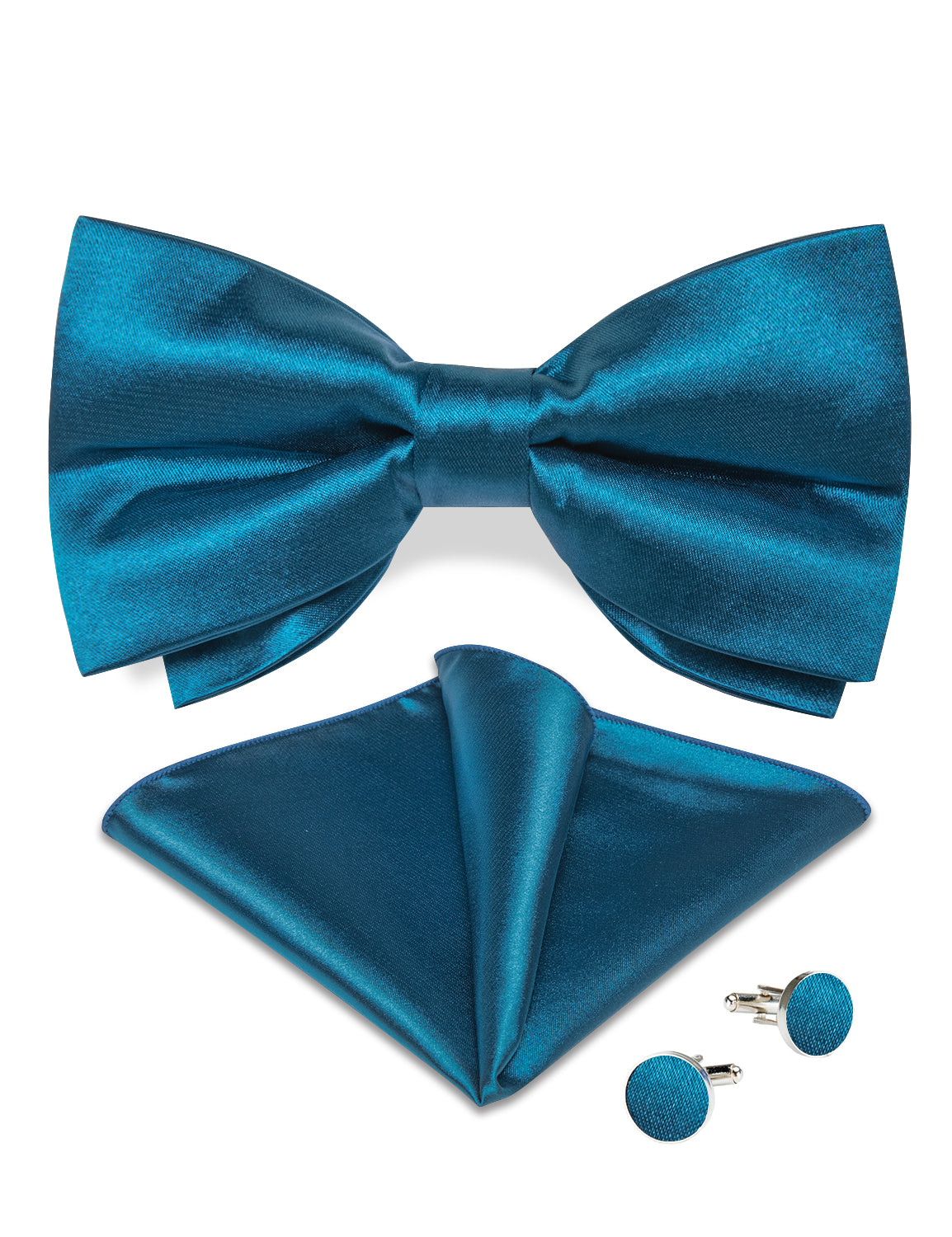 Blue Solid Silk Men's Pre-Bowtie Pocket Square Cufflinks Set
