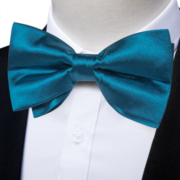 Blue Solid Silk Men's Pre-Bowtie Pocket Square Cufflinks Set