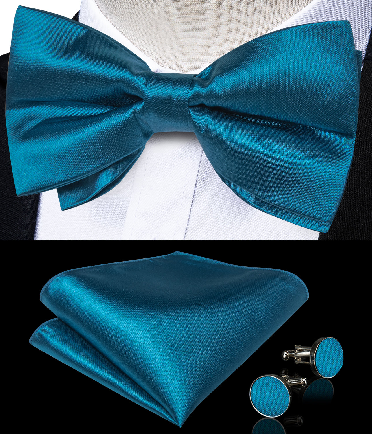 Blue Solid Silk Men's Pre-Bowtie Pocket Square Cufflinks Set