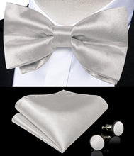 Grey White Solid Silk Men's Pre-Bowtie Pocket Square Cufflinks Set