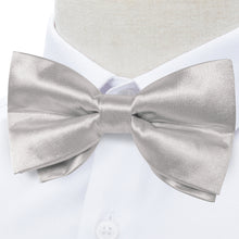 Grey White Solid Silk Men's Pre-Bowtie Pocket Square Cufflinks Set