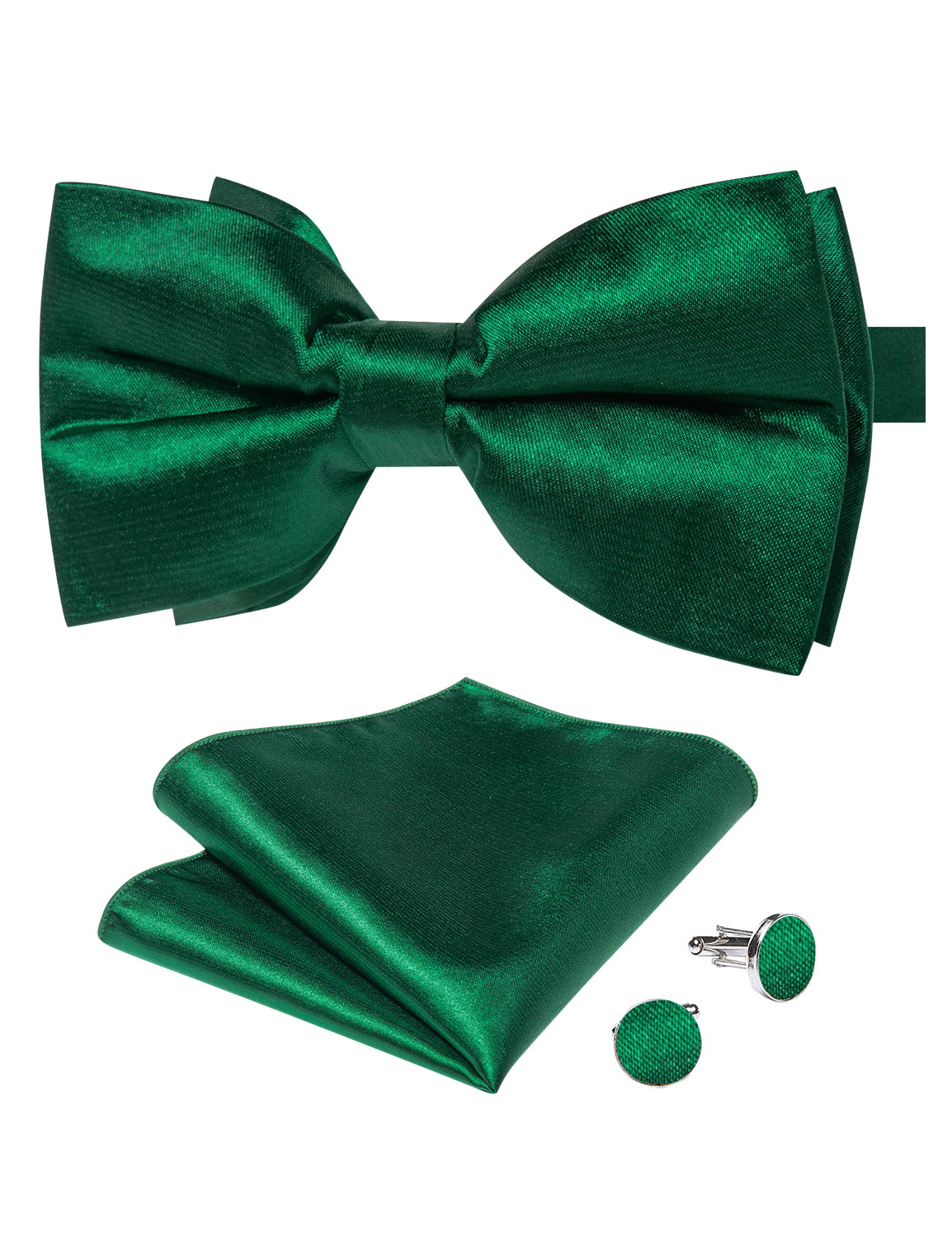 Green Solid Silk Men's Pre-Bowtie Pocket Square Cufflinks Set