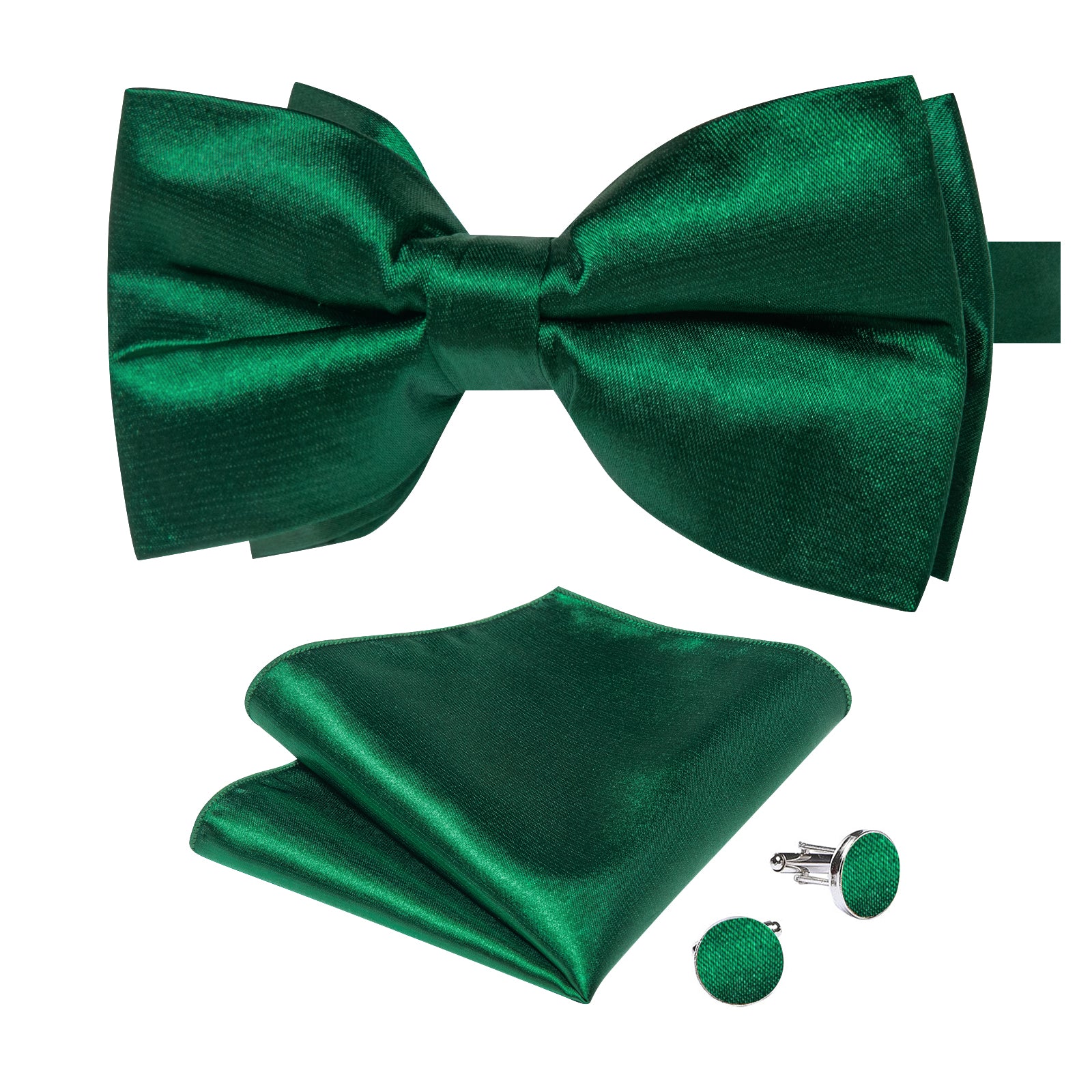 Green Solid Silk Men's Pre-Bowtie Pocket Square Cufflinks Set