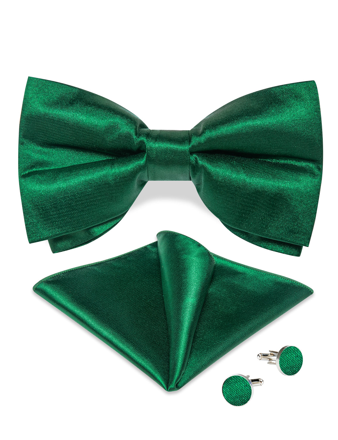 Green Solid Silk Men's Pre-Bowtie Pocket Square Cufflinks Set