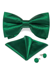 Green Solid Silk Men's Pre-Bowtie Pocket Square Cufflinks Set