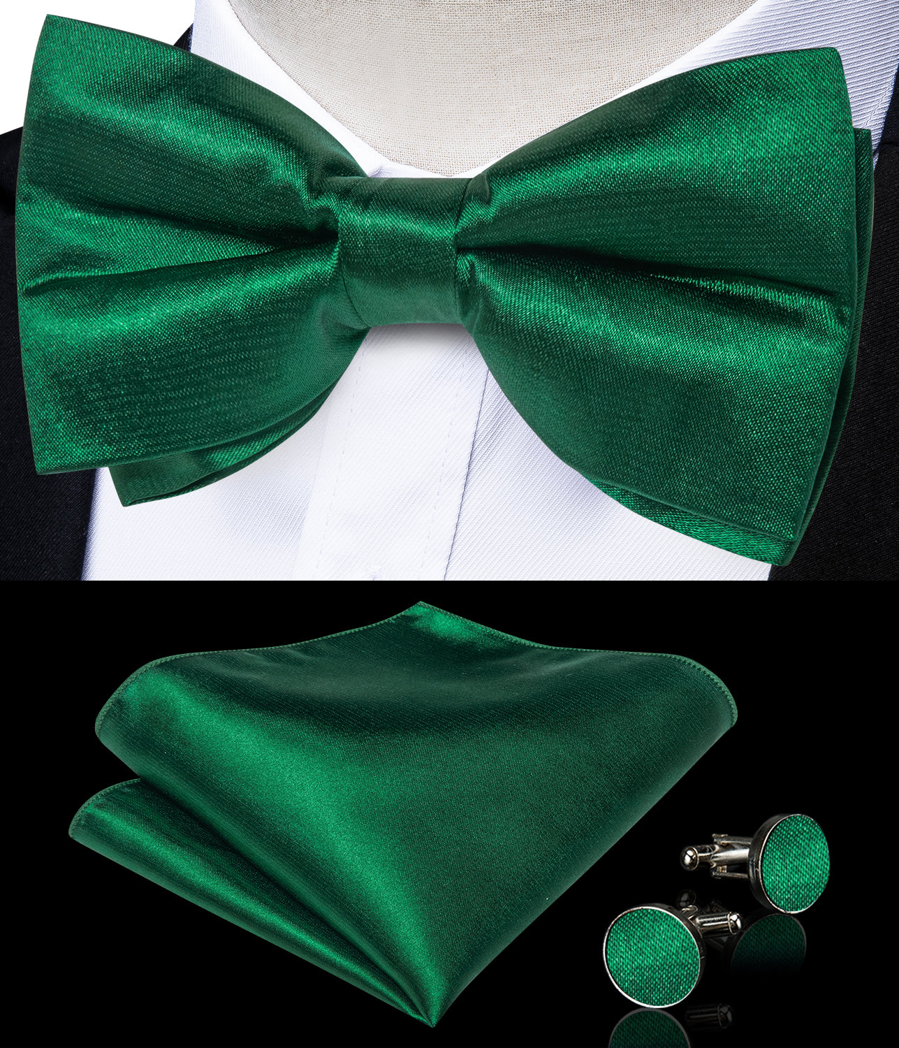 Green Solid Silk Men's Pre-Bowtie Pocket Square Cufflinks Set