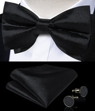 Black Solid Silk Men's Pre-Bowtie Pocket Square Cufflinks Set