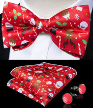Christmas Cartoon Red Solid Silk Men's Pre-Bowtie Pocket Square Cufflinks Set