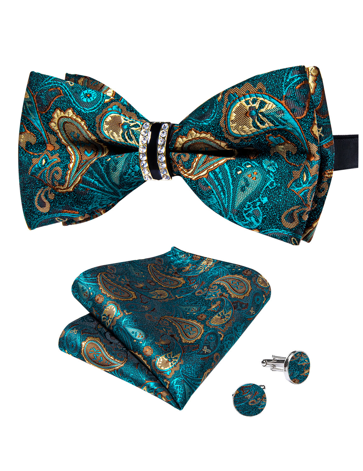 Green Brown Paisley Diamond Plastic Ring Men's Pre-Bowtie Pocket Square Cufflinks Set
