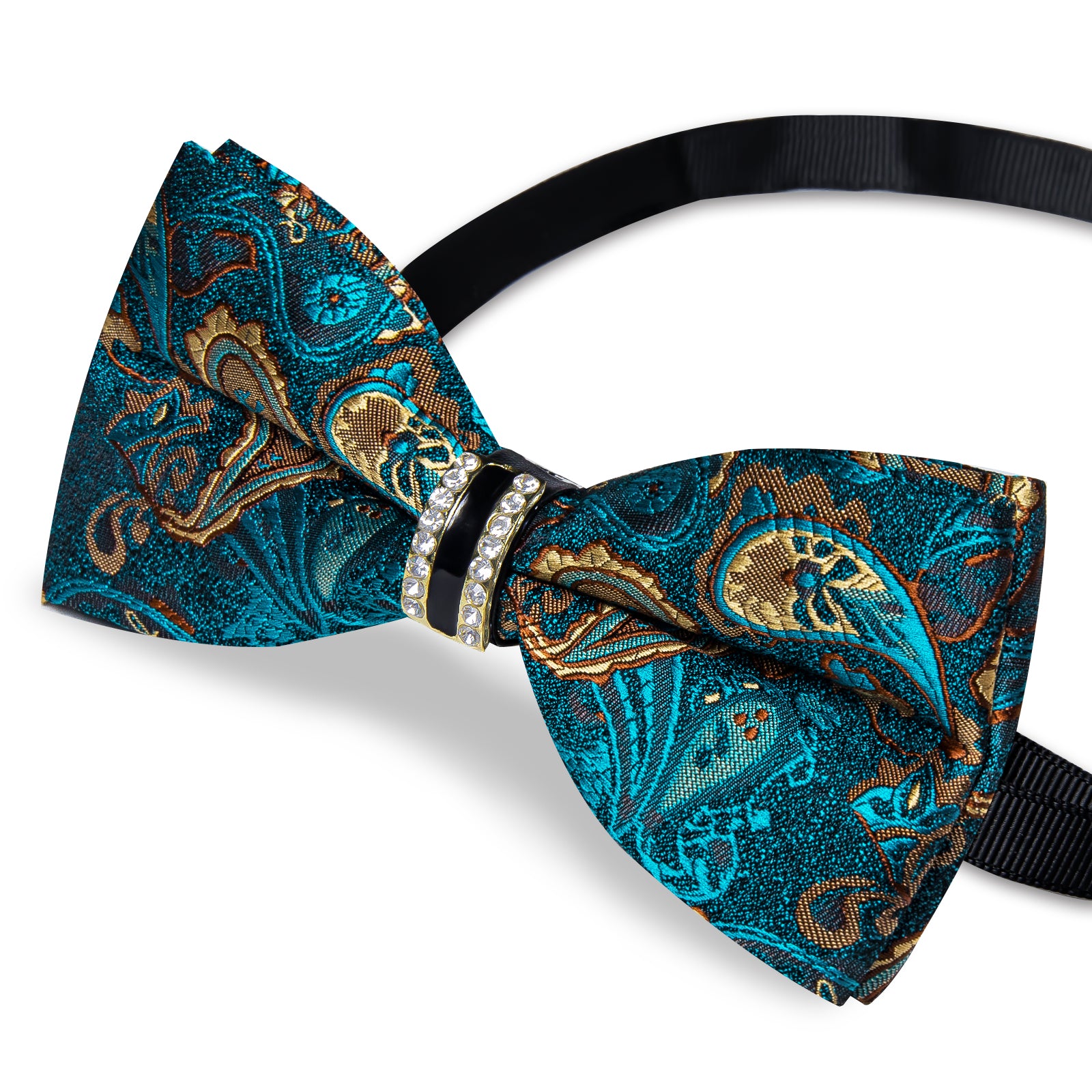 Green Brown Paisley Diamond Plastic Ring Men's Pre-Bowtie Pocket Square Cufflinks Set