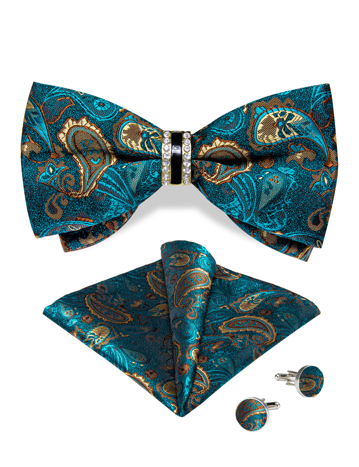 Green Brown Paisley Diamond Plastic Ring Men's Pre-Bowtie Pocket Square Cufflinks Set