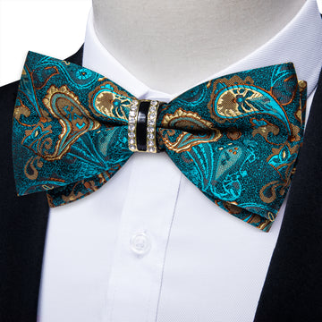 Green Brown Paisley Diamond Plastic Ring Men's Pre-Bowtie Pocket Square Cufflinks Set