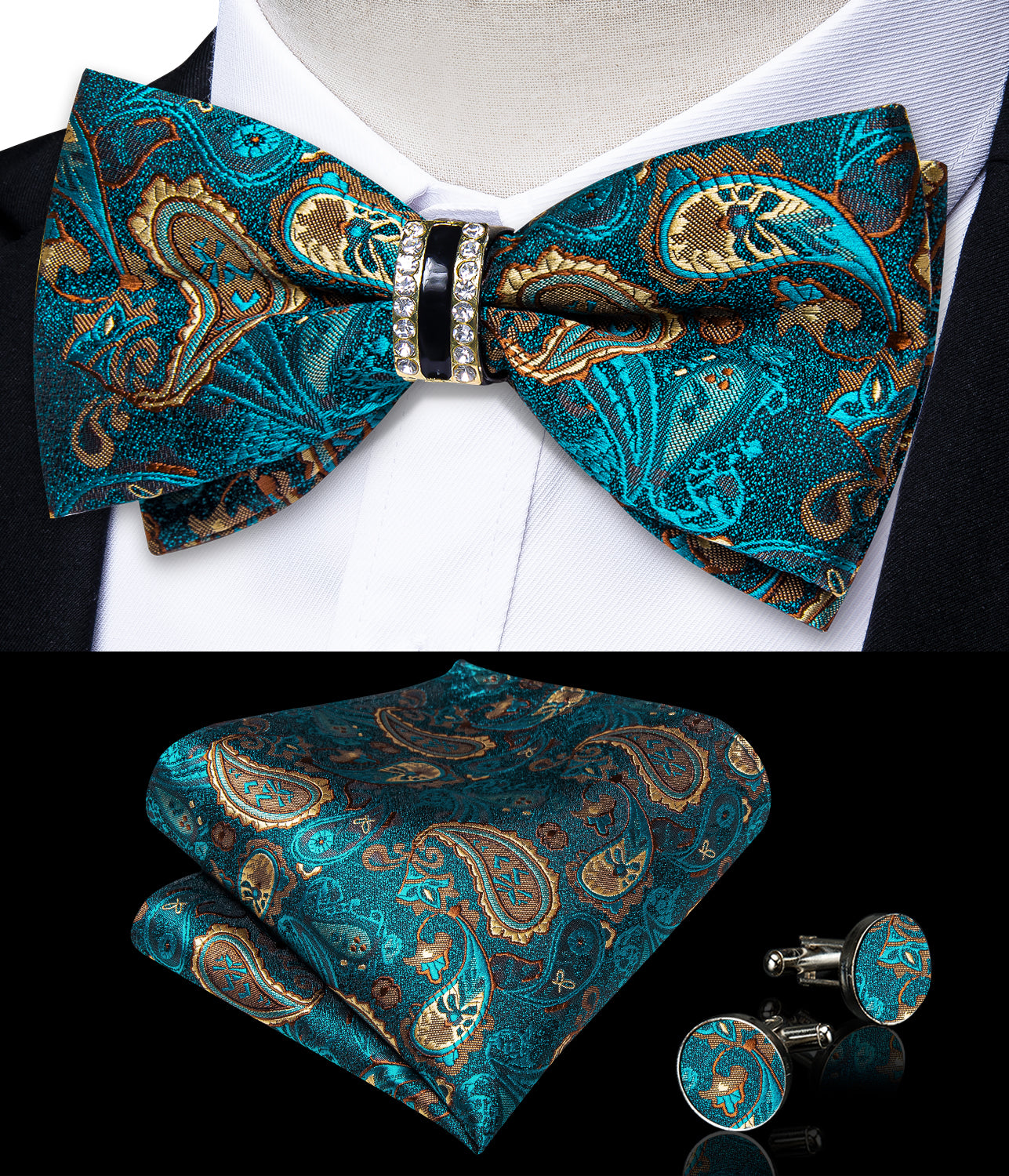 Green Brown Paisley Diamond Plastic Ring Men's Pre-Bowtie Pocket Square Cufflinks Set