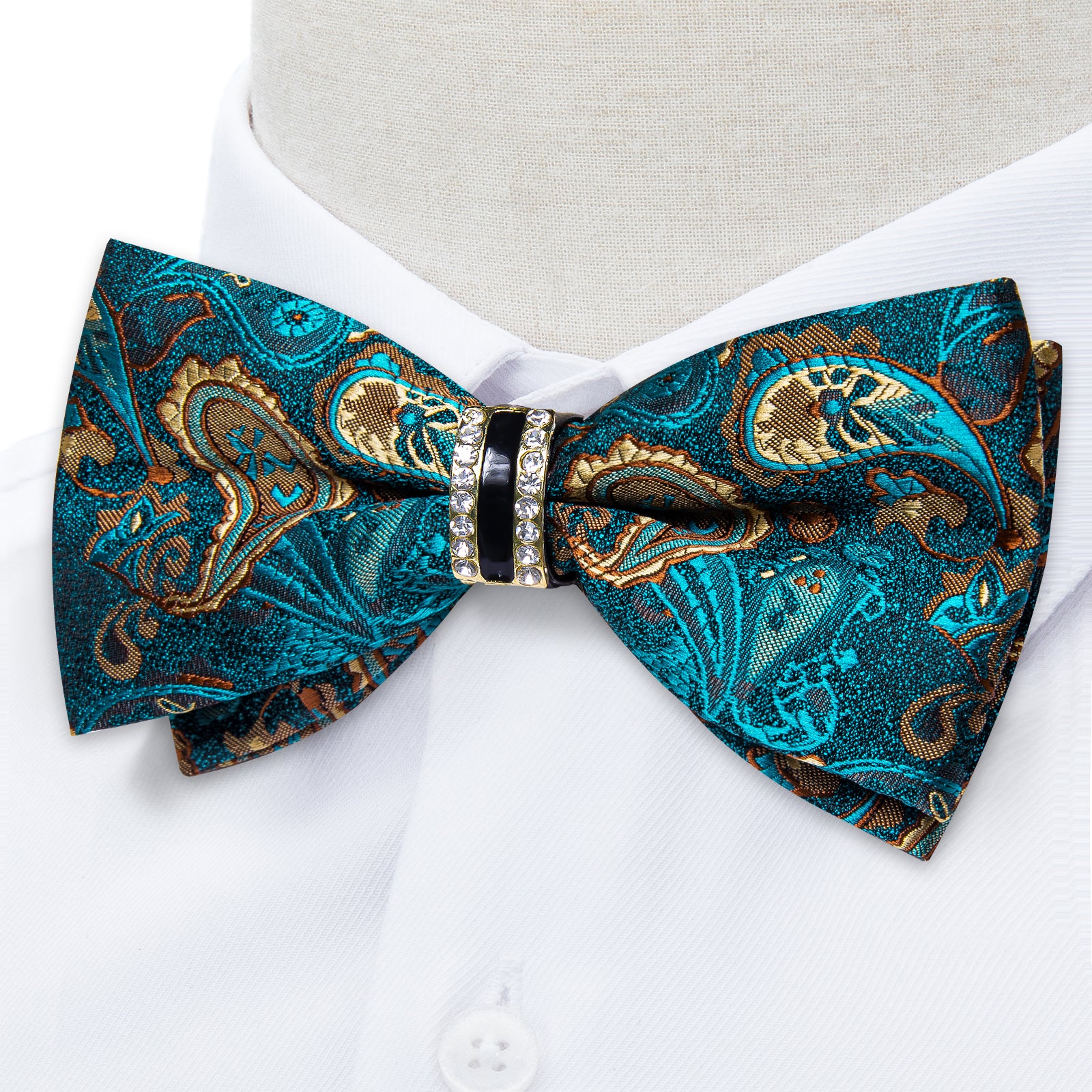 Green Brown Paisley Diamond Plastic Ring Men's Pre-Bowtie Pocket Square Cufflinks Set