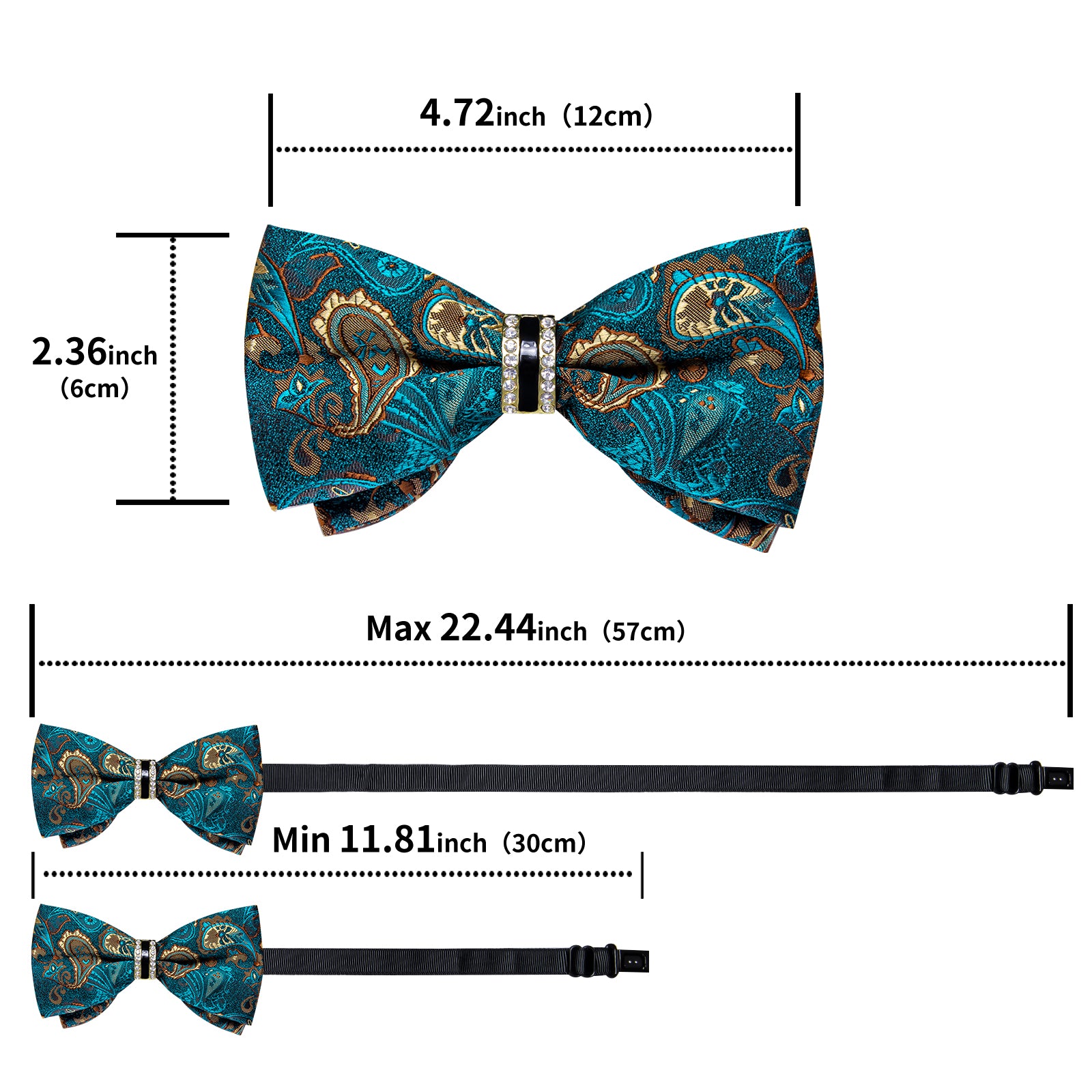 Green Brown Paisley Diamond Plastic Ring Men's Pre-Bowtie Pocket Square Cufflinks Set