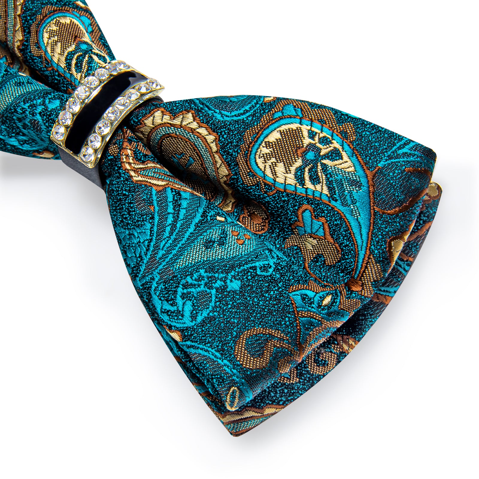 Green Brown Paisley Diamond Plastic Ring Men's Pre-Bowtie Pocket Square Cufflinks Set