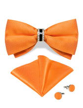 Orange Solid Diamond Plastic Ring Men's Pre-Bowtie Pocket Square Cufflinks Set