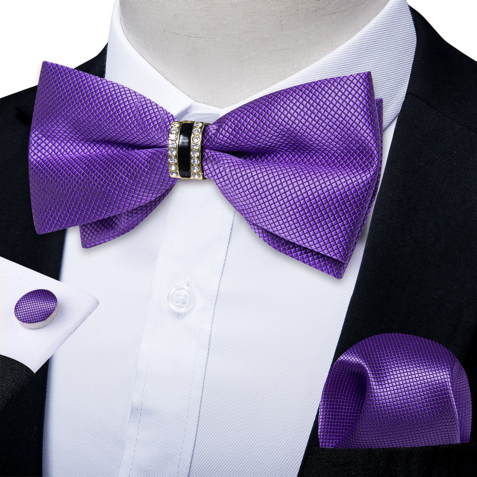Purple Solid Diamond Plastic Ring Men's Pre-Bowtie Pocket Square Cufflinks Set