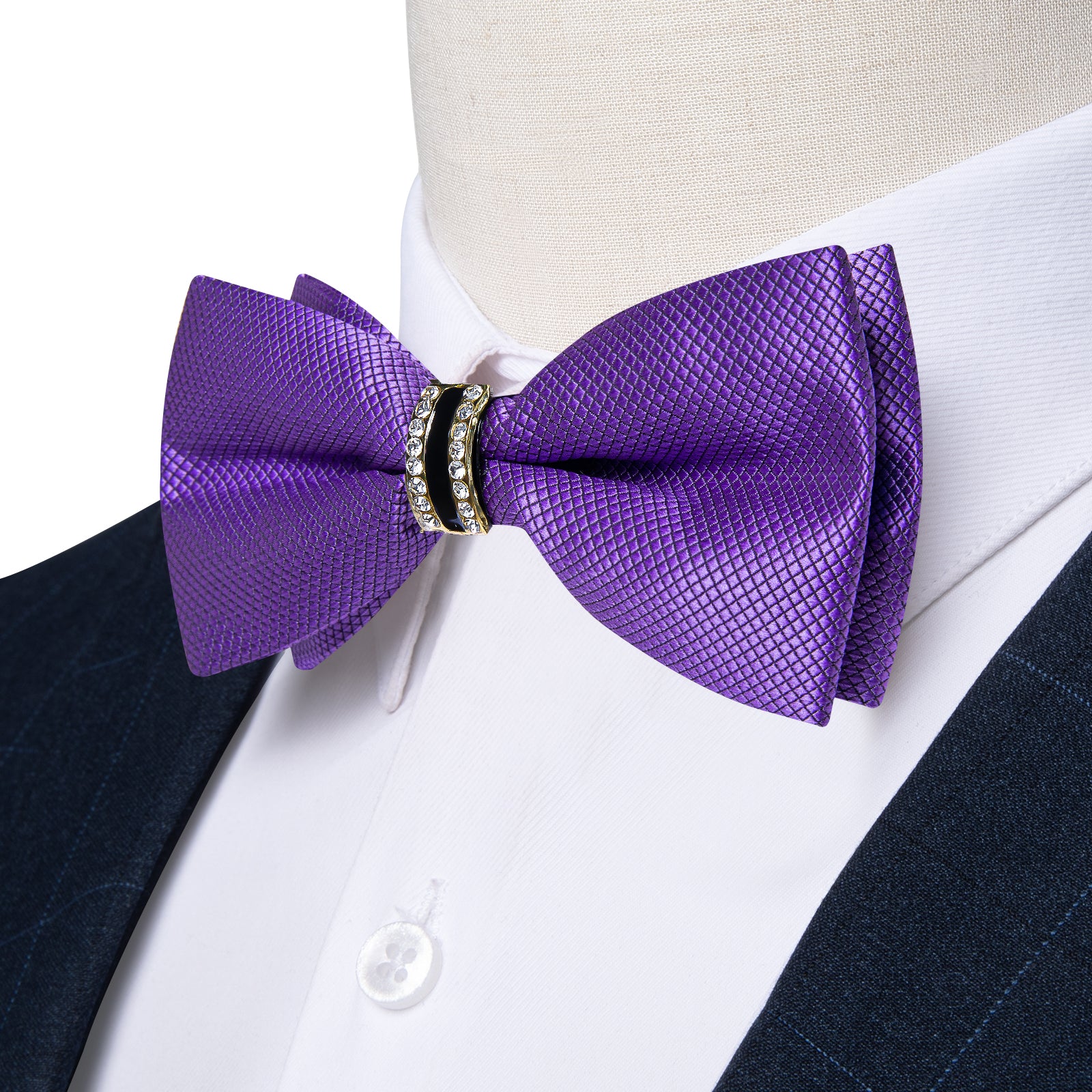 Purple Solid Diamond Plastic Ring Men's Pre-Bowtie Pocket Square Cufflinks Set