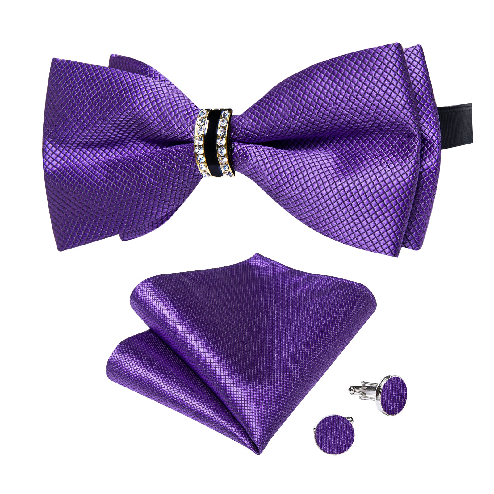 Purple Solid Diamond Plastic Ring Men's Pre-Bowtie Pocket Square Cufflinks Set