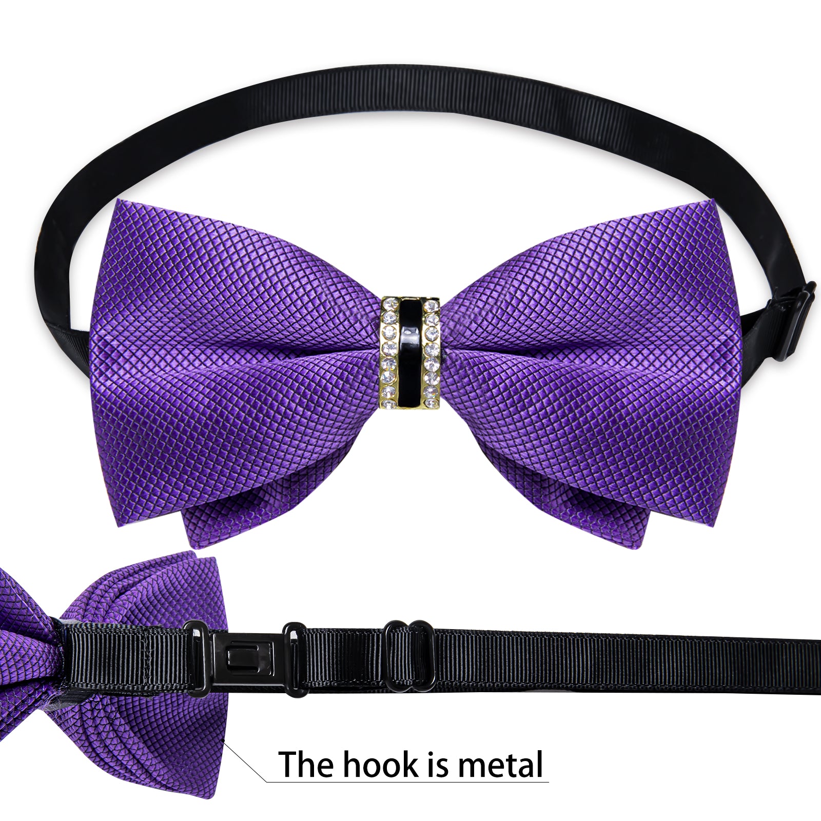 Purple Solid Diamond Plastic Ring Men's Pre-Bowtie Pocket Square Cufflinks Set