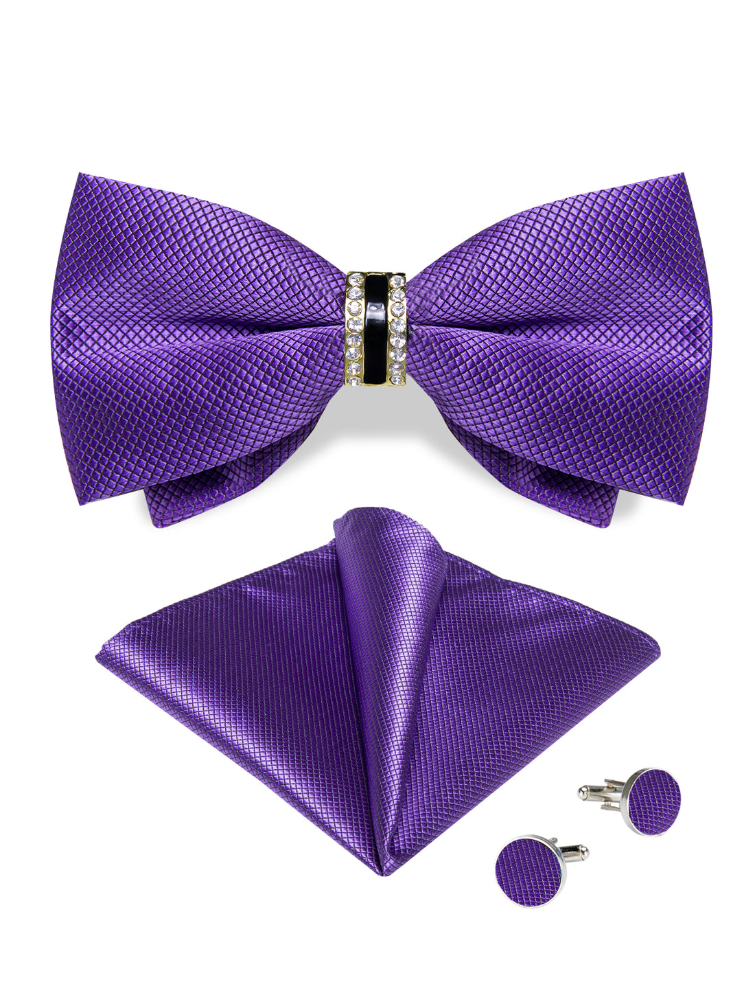 Purple Solid Diamond Plastic Ring Men's Pre-Bowtie Pocket Square Cufflinks Set