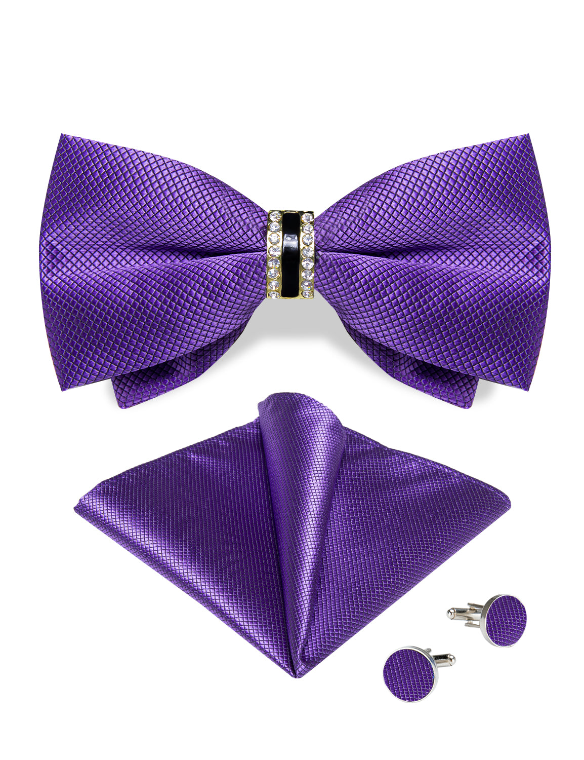Purple Solid Diamond Plastic Ring Men's Pre-Bowtie Pocket Square Cufflinks Set