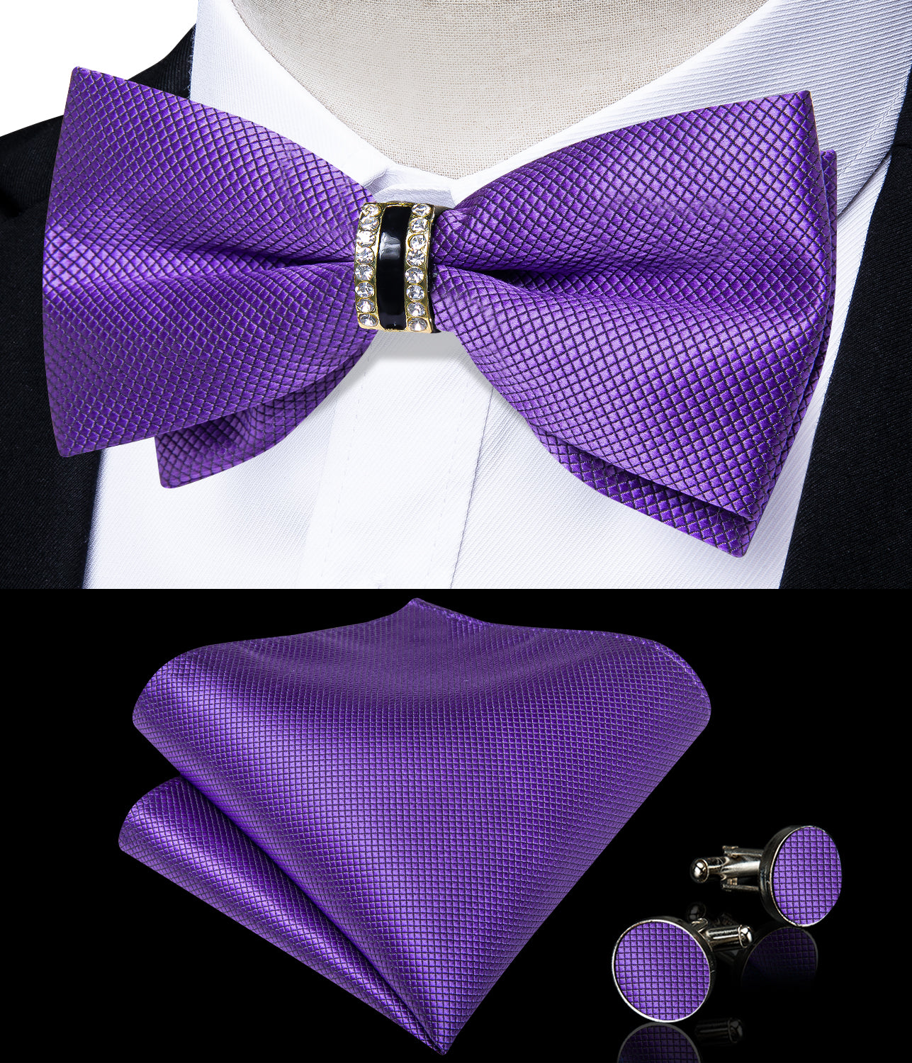 Purple Solid Diamond Plastic Ring Men's Pre-Bowtie Pocket Square Cufflinks Set