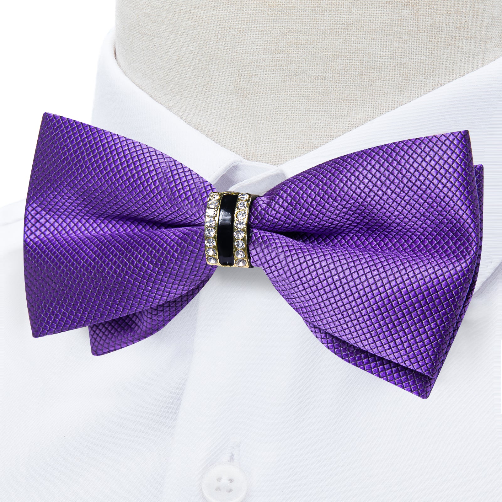 Purple Solid Diamond Plastic Ring Men's Pre-Bowtie Pocket Square Cufflinks Set