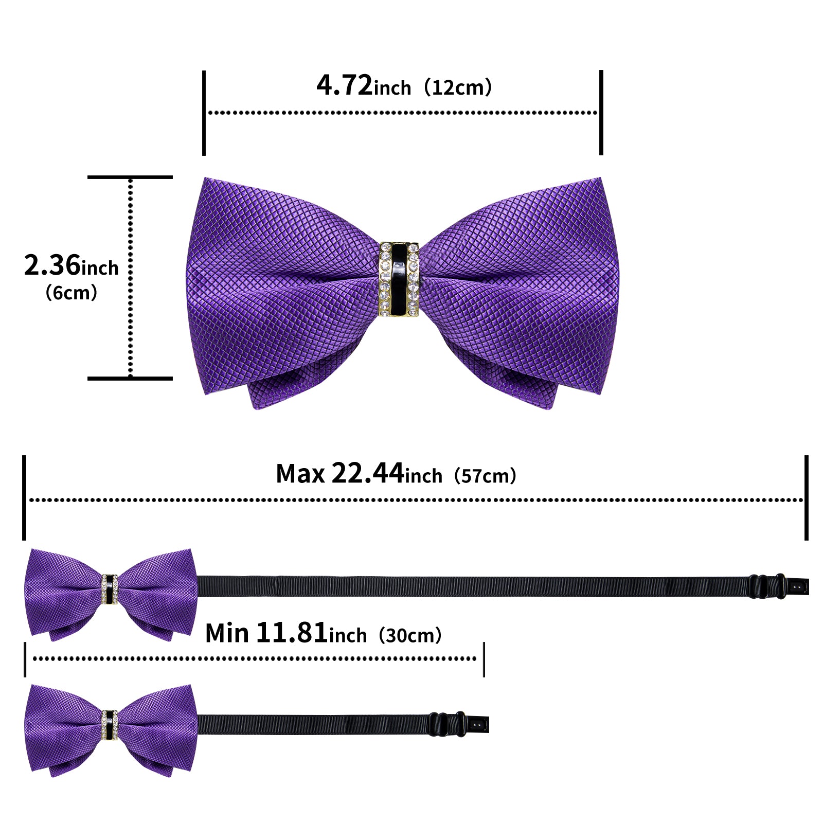 Purple Solid Diamond Plastic Ring Men's Pre-Bowtie Pocket Square Cufflinks Set