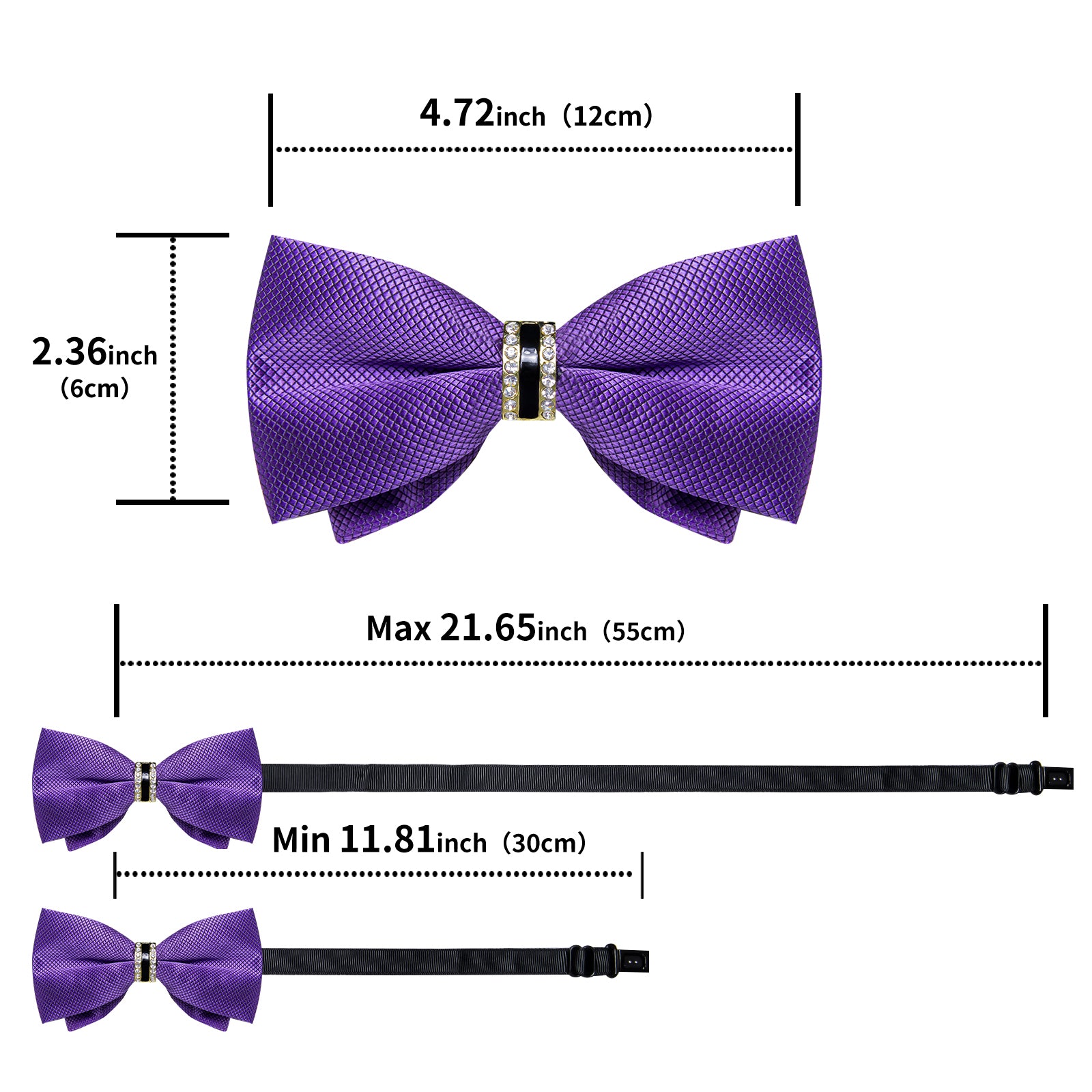 Purple Solid Diamond Plastic Ring Men's Pre-Bowtie Pocket Square Cufflinks Set