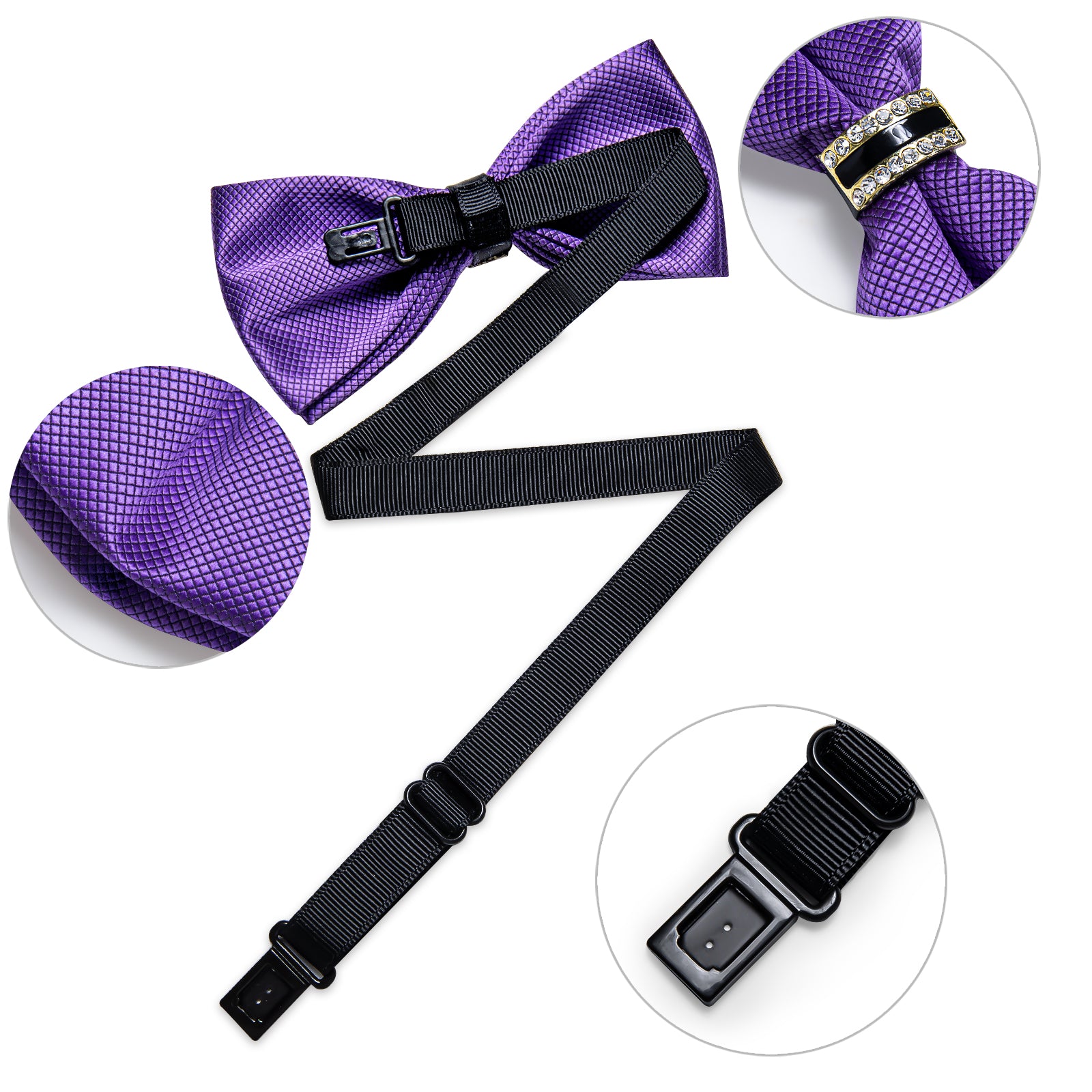 Purple Solid Diamond Plastic Ring Men's Pre-Bowtie Pocket Square Cufflinks Set