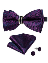 Purple Striped Diamond Plastic Ring Men's Pre-Bowtie Pocket Square Cufflinks Set