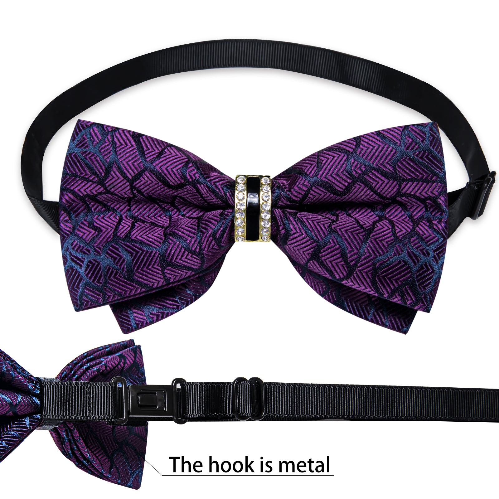 Dark purple irregular line mens bow tie silk self-bowtie with imitation crystal ring