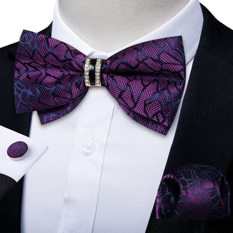 Dark purple irregular line mens bow tie silk self-bowtie with imitation crystal ring