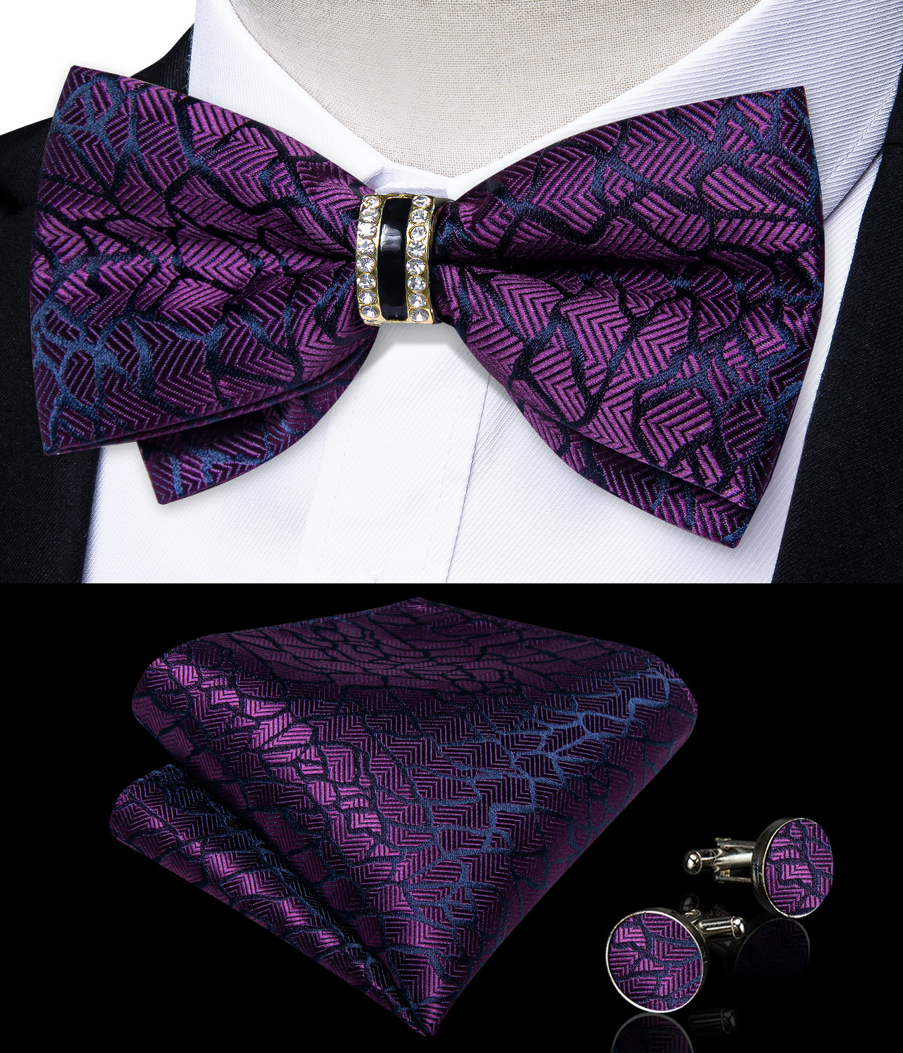 Dark purple irregular line mens bow tie silk self-bowtie with imitation crystal ring