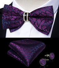 Purple Striped Diamond Plastic Ring Men's Pre-Bowtie Pocket Square Cufflinks Set