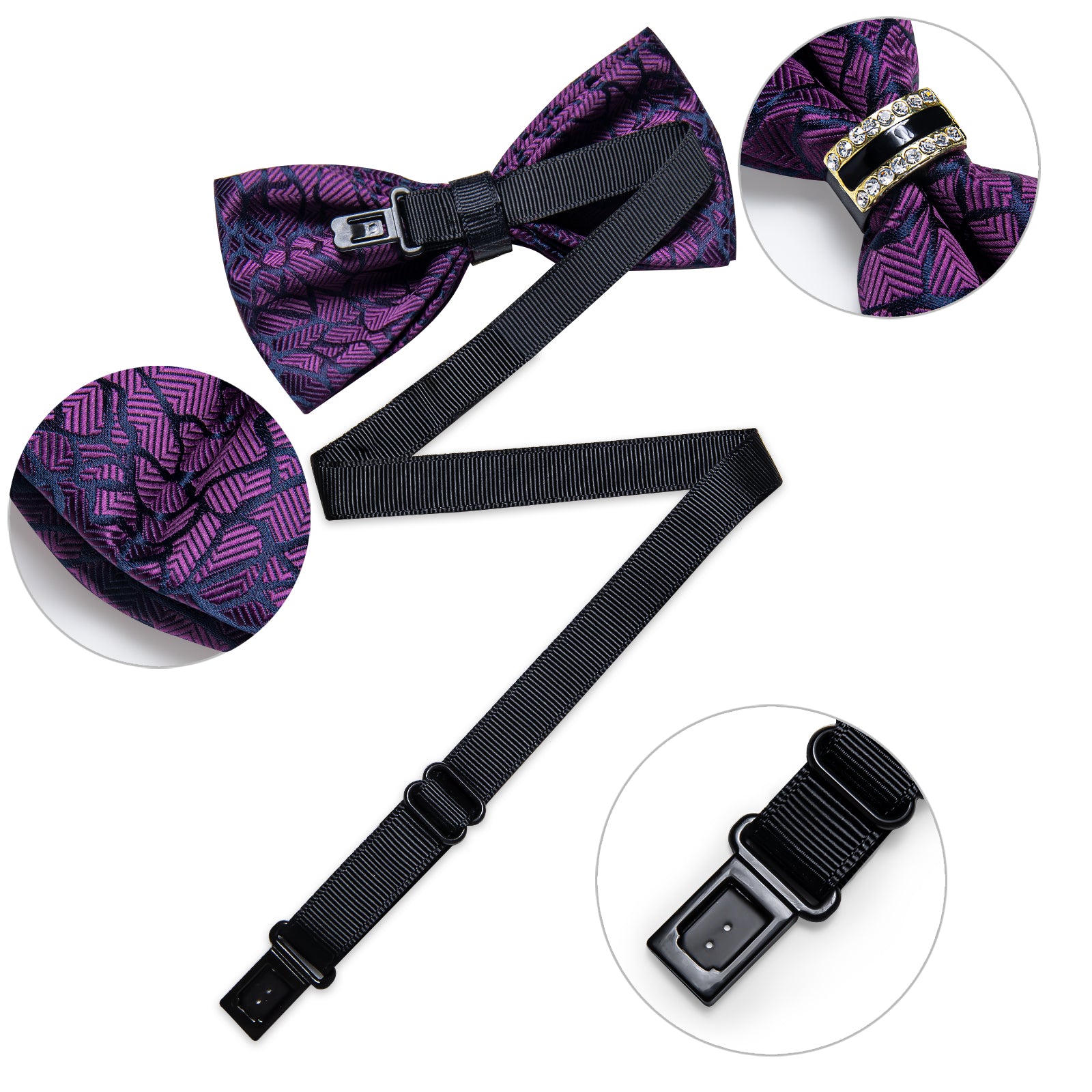 Dark purple irregular line mens bow tie silk self-bowtie with imitation crystal ring