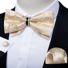 Champagne Floral Diamond Plastic Ring Men's Pre-Bowtie Pocket Square Cufflinks Set
