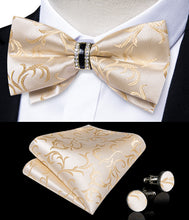 Champagne Floral Diamond Plastic Ring Men's Pre-Bowtie Pocket Square Cufflinks Set