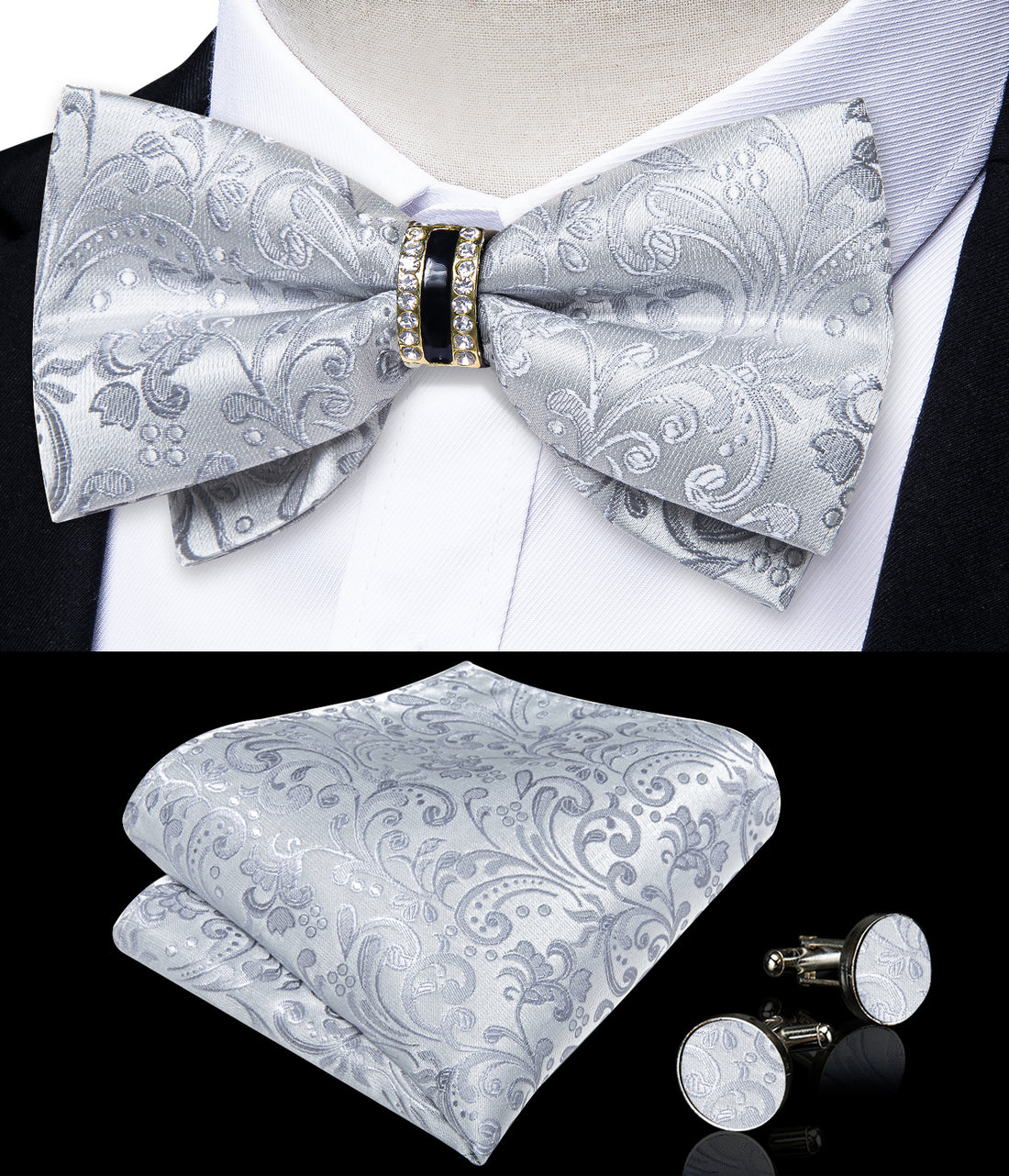 Silver White Floral Diamond Plastic Ring Men's Pre-Bowtie Pocket Square Cufflinks Set