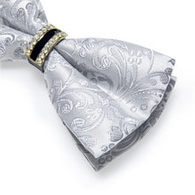 Silver White Floral Diamond Plastic Ring Men's Pre-Bowtie Pocket Square Cufflinks Set